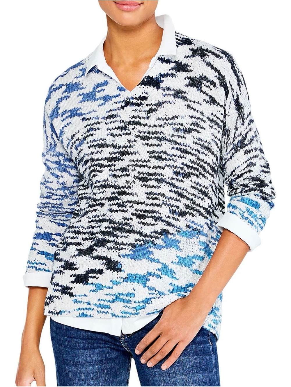 Nic+Zoe Blue & Cream colored, V-Neck Patterned Women's Sweater 💙🩵